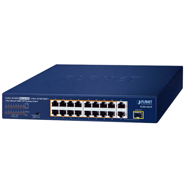 PLANET™ 16-Port 10/100TX 802.3at PoE + 2-Port 10/100/1000T + 1-Port Shared 1000X SFP Desktop Switch - 185W [FGSD-1821P]