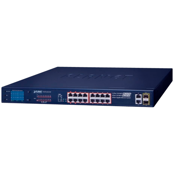 PLANET™ 12-Port 10/100TX 802.3at PoE + 4-Port 10/100TX 802.3bt PoE + 2-Port Gigabit TP + 2-Port SFP Ethernet Switch with LCD Management - 300W [FGSW-2022VHP]