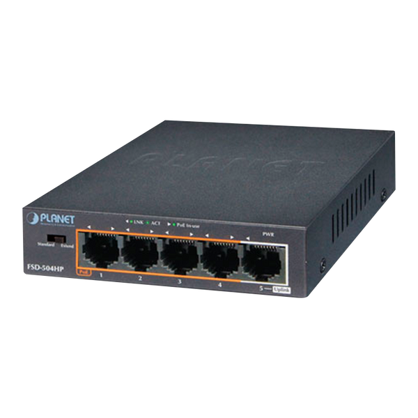 PLANET™ 4-Port 10/100Mbps 802.3at/af PoE + 1-Port 10/100Mbps Desktop Switch - 60W [FSD-504HP]