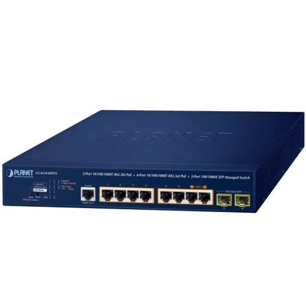 PLANET™ 2-Port 10/100/1000T 802.3bt PoE + 6-Port 10/100/1000T 802.3at PoE + 2-Port 100/1000X SFP Managed Switch - L2/L4 (240W) [GS-4210-8HP2S]