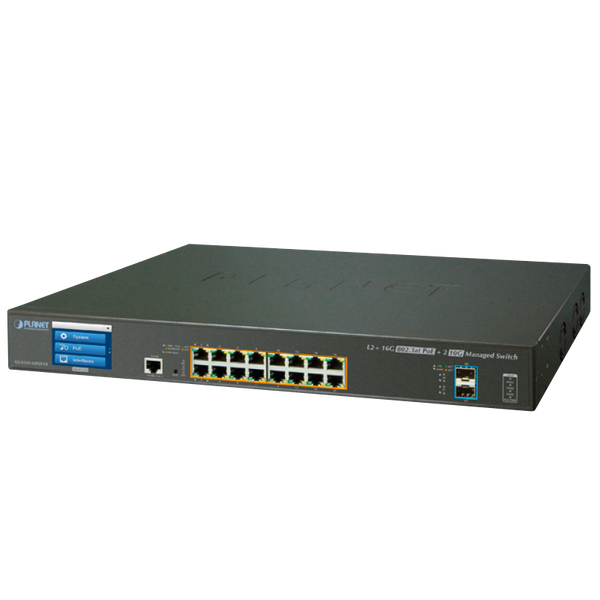 PLANET™ 16-Port PoE+ & 2-Port 10G SFP+ Managed Switch with LCD Touch Screen - L2+ with L3 Static Routing (220W) [GS-5220-16P2XVR]