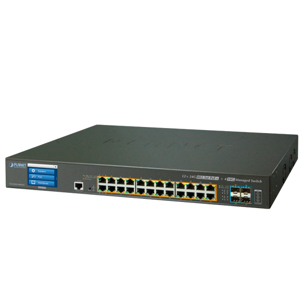 PLANET™ 24-Port PoE+ & 4-Port 10G SFP+ Managed Switch with LCD Touch Screen - L2+ with L3 Static Routing (400W) [GS-5220-24P4XV]