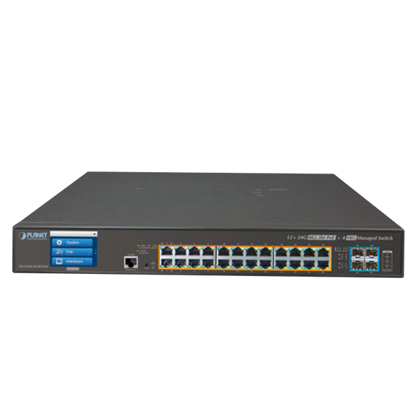 PLANET™ 24-Port Ultra PoE + 4-Port 10G SFP+ Managed Switch with LCD Touch Screen - L2+ with L3 Static Routing (600W) [GS-5220-24UPL4XVR]