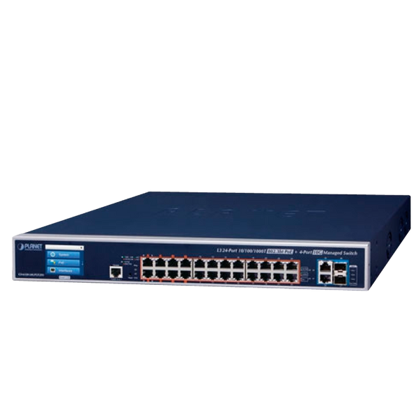 PLANET™ 24-Port 10/100/1000T 802.3bt PoE + 2-Port 10GBASE-T + 2-Port 10G SFP+ Managed Switch with LCD Touch Screen and Redundant Power - L3 (600W) [GS-6320-24UP2T2XV]