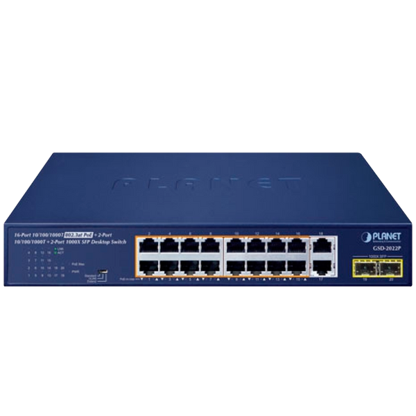 PLANET™ 16-Port 10/100/1000T 802.3at PoE + 2-Port 10/100/1000T + 2-Port 1000X SFP Desktop Switch - 185W [GSD-2022P]