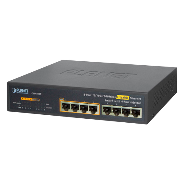 PLANET™ 8-Port 10/100/1000Mbps Gigabit Ethernet Switch with 4-Port 802.3at PoE+ Injector - 60W [GSD-804P]