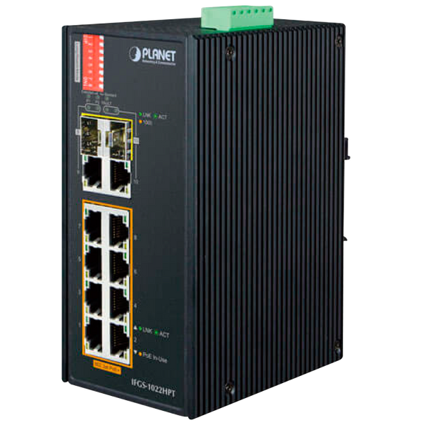 PLANET™ Industrial 8-Port 10/100TX PoE+ & 2-Port Gigabit TP/SFP Combo Ethernet Switch (240W) [IFGS-1022HPT]