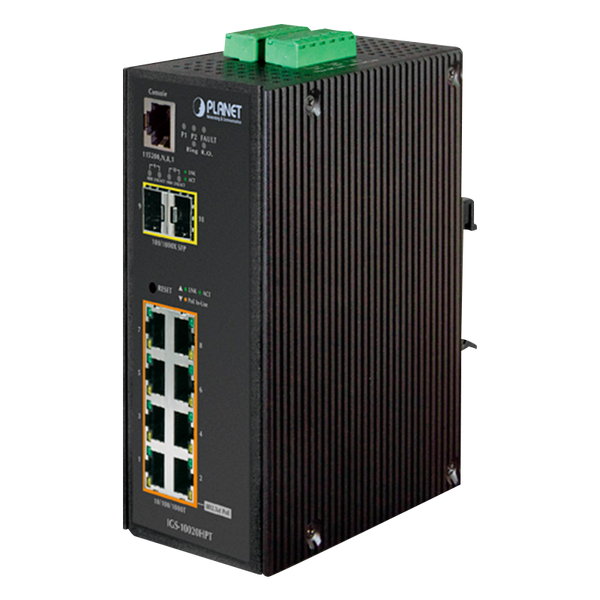 PLANET™ 8-Ports (+2 SFP) PoE+ Industrial Manageable Gigabit Switch - L2+ with L3 Static Routing - DIN Rail (60W-120W-240W) [IGS-10020HPT]