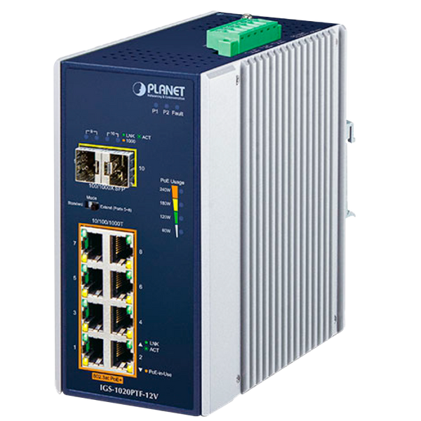 PLANET™ Industrial 8-Port 10/100/1000T 802.3at PoE + 2-Port 100/1000X SFP Ethernet Din Rail Switch w/ 12V Booster - (240W) [IGS-1020PTF-12V]