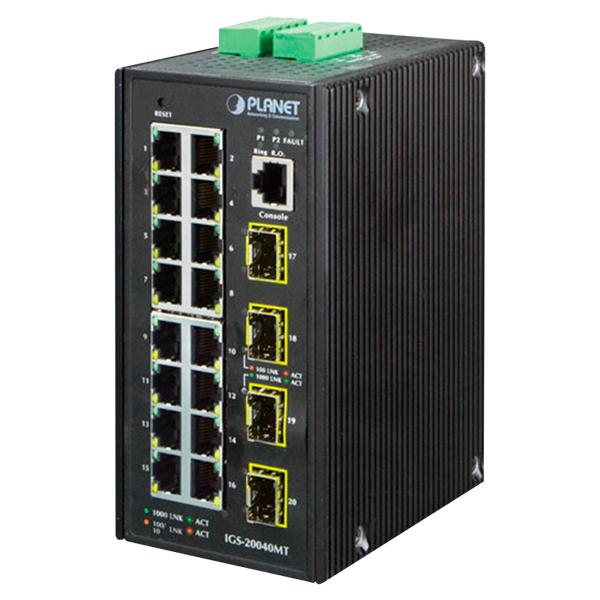 PLANET™ 16-SFP Ports (+2 RJ45) Industrial Manageable Gigabit Switch - L2 with L3 Static Routing [IGS-20040MT]