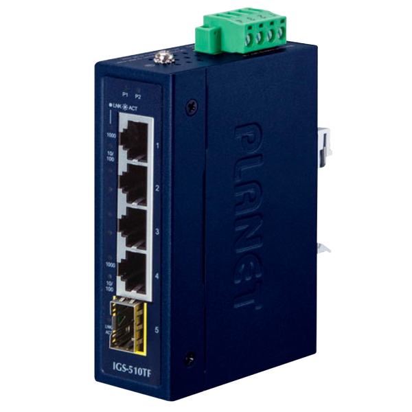 PLANET™ Industrial Compact 4-Port 10/100/1000T + 1-Port 100/1000X SFP Gigabit Ethernet Switch [IGS-510TF]