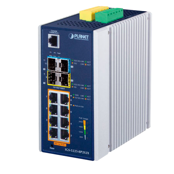 PLANET™ Industrial 8-Port 10/100/1000T 802.3at PoE (+2 SFP & 2 10G SFP+) Managed Switch (Din Rail) - L3 (240W) [IGS-5225-8P2S2X]