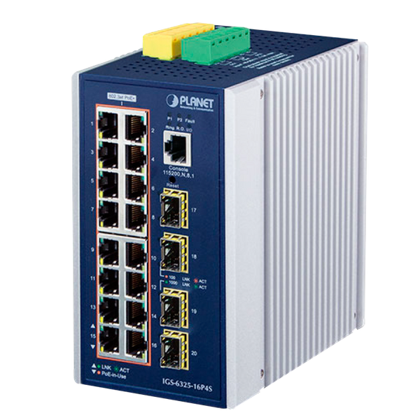 PLANET™ Industrial 16-Port 10/100/1000T 802.3at PoE (+4 SFP) Managed Switch (Din Rail) - L3 (240W) [IGS-6325-16P4S]