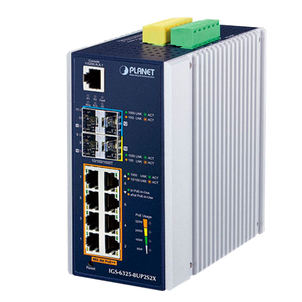 PLANET™ Industrial 8-Port 10/100/1000T 802.3bt PoE (+2 SFP & 2 10G SFP+) Managed Switch (Din Rail) - L3 (360W) [IGS-6325-8UP2S2X]