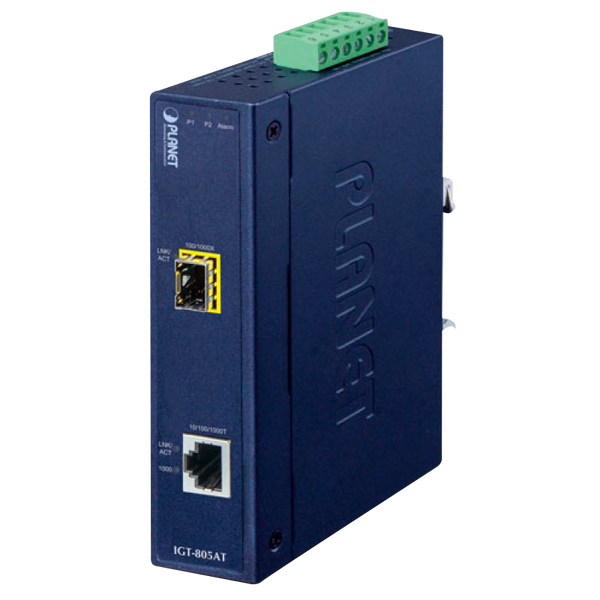 PLANET™ Industrial 10/100/1000BASE-T to 100/1000BASE-X SFP Media Converter (Din Rail) [IGT-805AT]