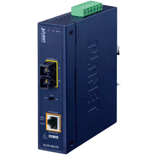 PLANET™ 1000BASE-X to 10/100/1000BASE-T 802.3at PoE+ Industrial Media Converter (Din Rail) - L2 (30W) [IGTP-802TS]