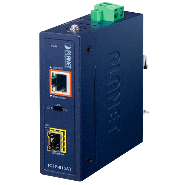 PLANET™ Industrial Compact 100/1000BASE-X to 10/100/1000BASE-T 802.3at PoE+ Media Converter (Din Rail) - L2 (36W) [IGTP-815AT]