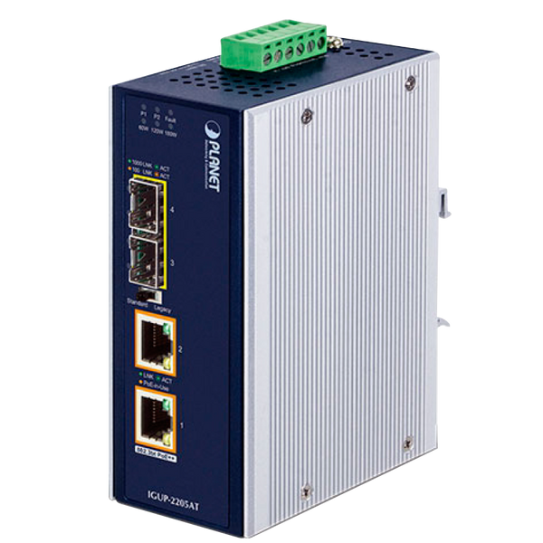 PLANET™ Industrial 2-Port 100/1000X SFP to 2-Port 10/100/1000T 802.3bt PoE++ Media Converter (Din Rail) - L2 (190W) [IGUP-2205AT]