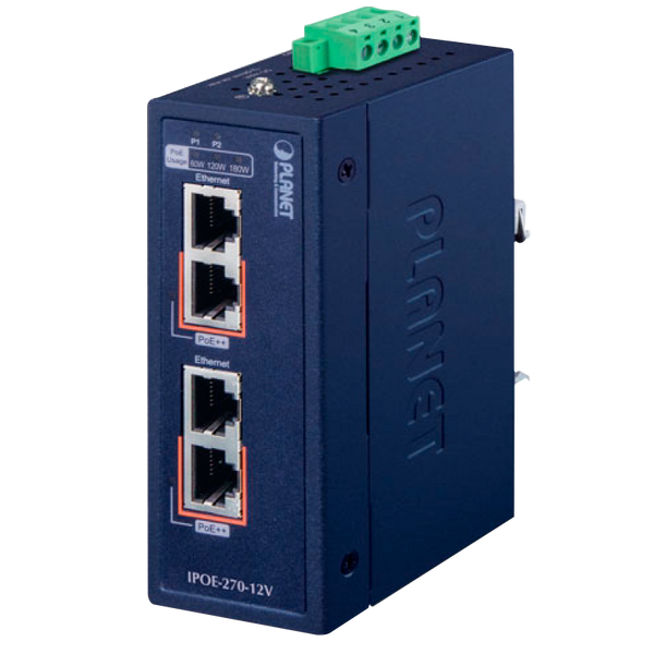 PLANET™ Industrial 2-port Multi-Gigabit 802.3bt PoE++ Injector Hub (Din Rail) - (180W) [IPOE-270-12V]