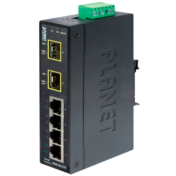 PLANET™ 4-Port 10/100Base-TX + 2-Port 100Base-FX Industrial Ethernet Switch with Wide Operating Temperature - DIN Rail [ISW-621TS15]