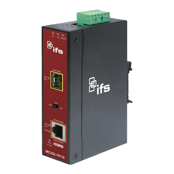 UTC™ IFS® 1-Port (+1 SFP) Industrial PoE+ Non-Manageable Gigabit Ethernet Media Converter - DIN Rail [MC352-1P/1S]