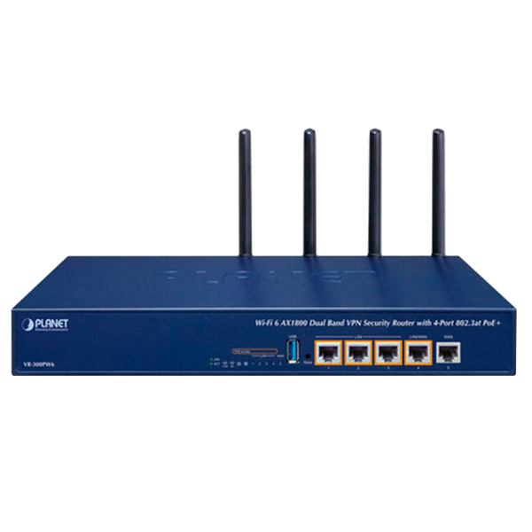 PLANET™ Wi-Fi 6 AX2400 2.4GHz/5GHz VPN Security Router with 4-Port 802.3at PoE+ [VR-300PW6A]