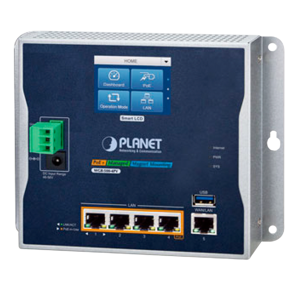 PLANET™ Industrial Wall-Mount Gigabit Router with 4-Port 802.3at PoE+ and LCD Touch Screen - L2 (120W) [WGR-500-4PV]