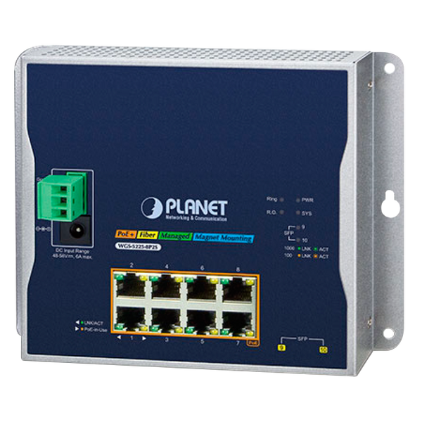 PLANET™ Industrial 8-port 10/100/1000T 802.3at PoE + 2-port 1G/2.5G SFP Wall-Mount Managed Switch (Din Rail) - L2+/L4 (240W) [WGS-5225-8P2S]