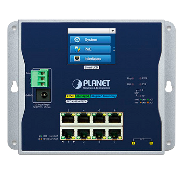 PLANET™ Industrial 8-port 10/100/1000T (+2 SFP) Wall-Mount Managed Switch with LCD Touch Screen (Din Rail) - L2+/L4  [WGS-5225-8T2SV]