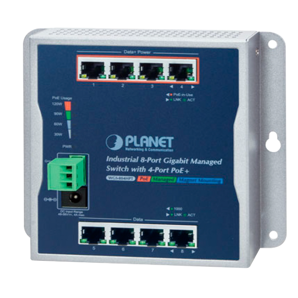 PLANET™ Industrial 8-Port 10/100/1000T Wall-mount Managed Switch with 4-Port PoE+ (-40~75 degrees C) (Din Rail) - L2 (144W) [WGS-804HPT]